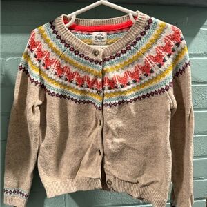 Mini Boden Fox Tan Cardigan with Red and Yellow Fair Isle Design. Vintage.